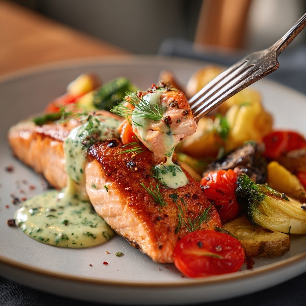 Lachs mit Ofengemüse & Zitronen-Dill-Sauce